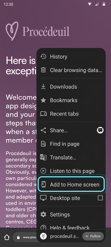 Add to Home screen on Android - Step 2
